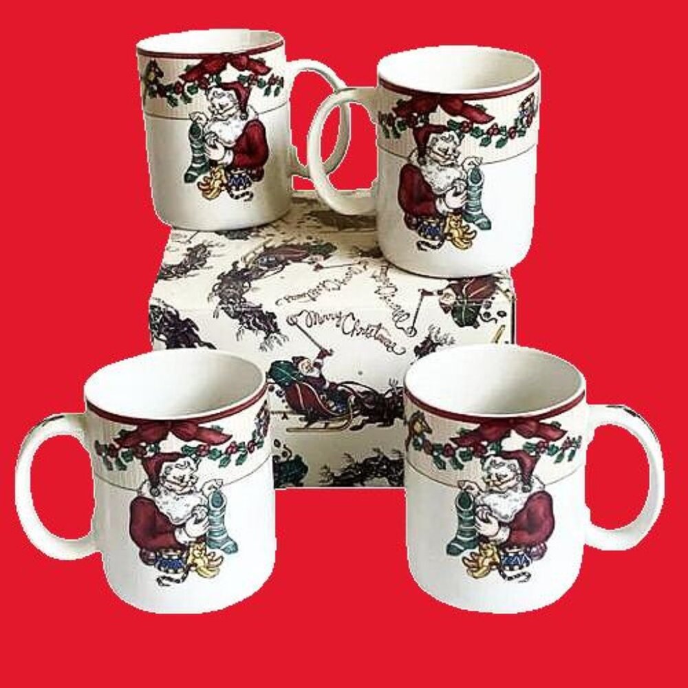 Fitz & Floyd Vintage Fitz And Floyd Set Of 4 Santa's List Mugs  NEW